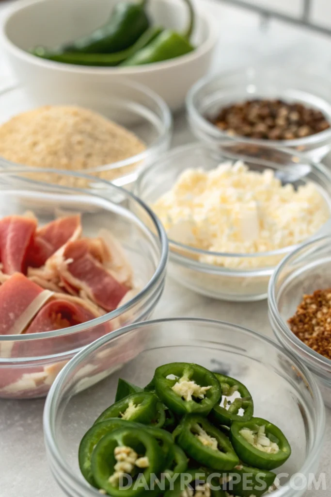 Glass bowls filled with sliced jalapeños, prosciutto, parmesan cheese, breadcrumbs, and spices