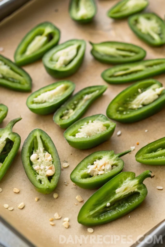 Halved jalapeños with seeds on a baking sheet lined with parchment paper