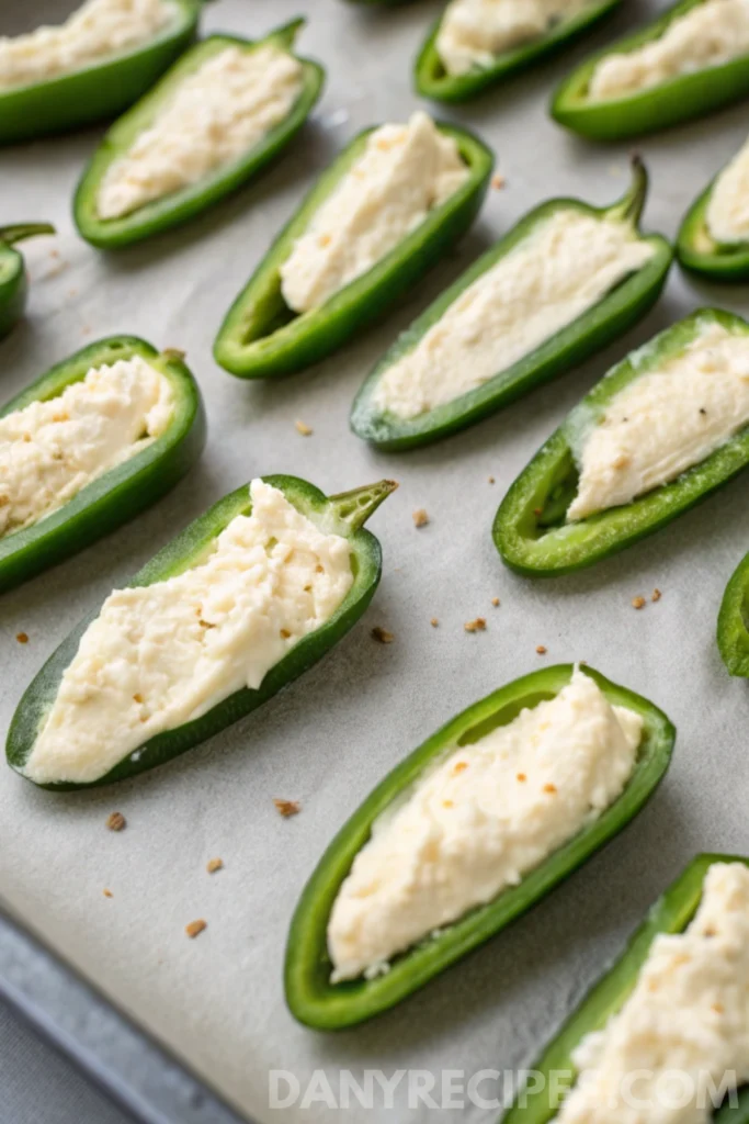 Creamy parmesan cheese mixture and filled jalapeño halves on a baking tray