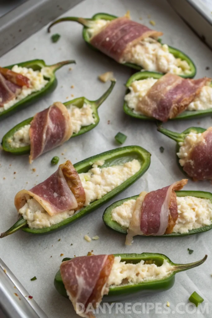 Jalapeño halves stuffed with cheese filling and wrapped in prosciutto on a baking sheet