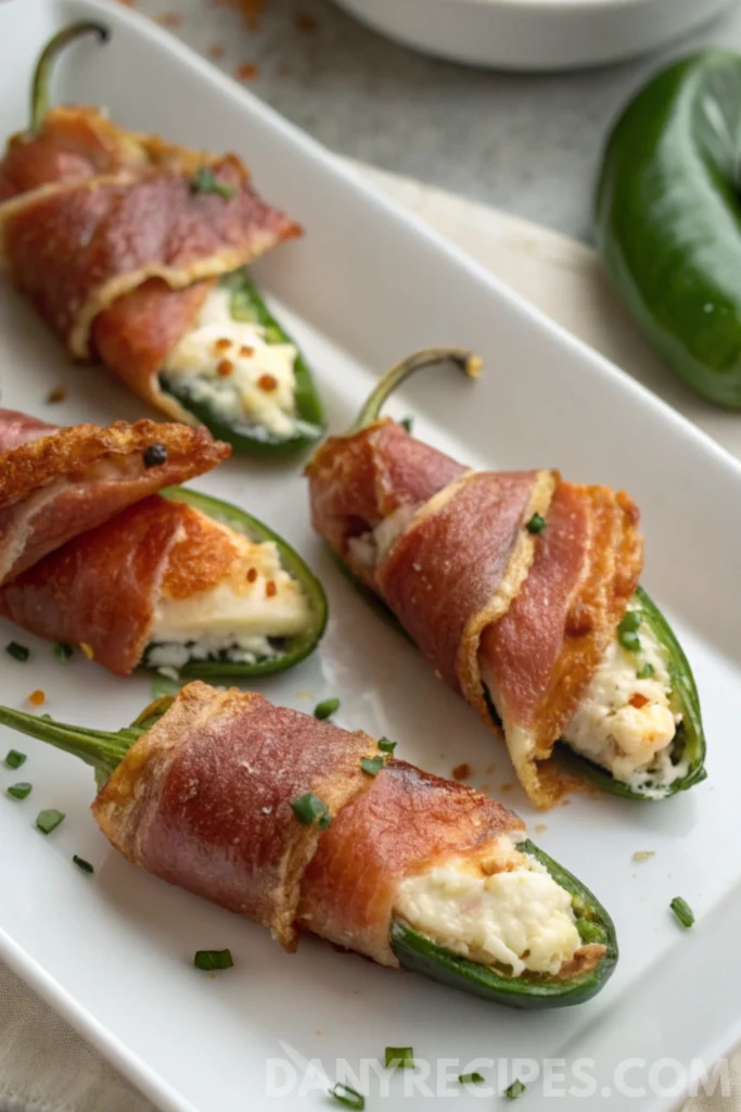 Crispy prosciutto wrapped jalapeño poppers on a white serving plate