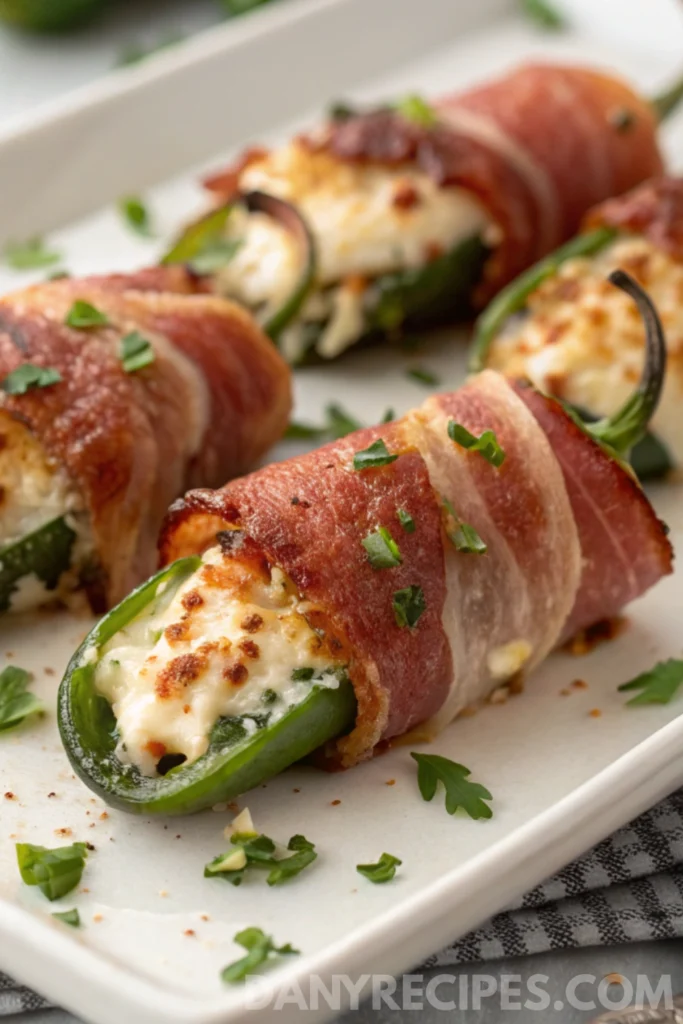 Prosciutto wrapped jalapeño poppers with creamy parmesan filling on a serving plate