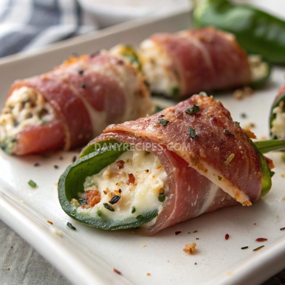 Prosciutto Parmesan Jalapeño Poppers filled with creamy parmesan cheese mixture