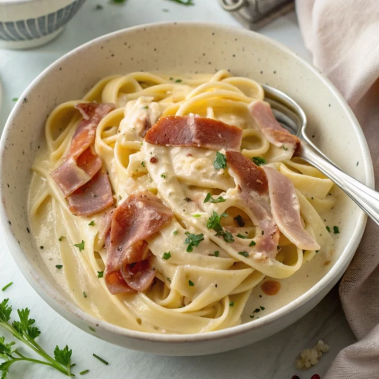 reamy fettuccine pasta topped with slices of prosciutto and garnished with fresh parsley in a ceramic bowl.