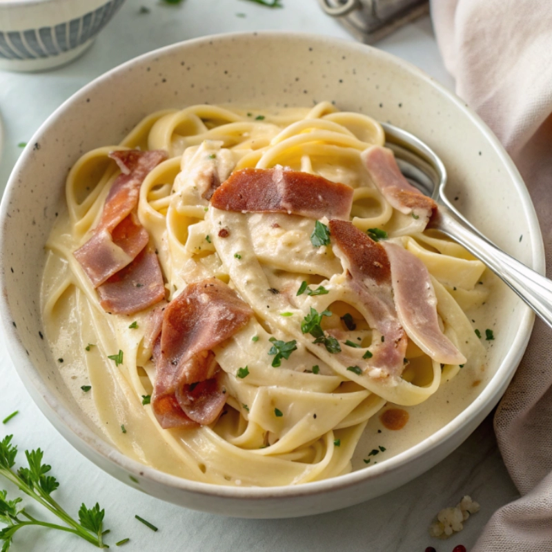 reamy fettuccine pasta topped with slices of prosciutto and garnished with fresh parsley in a ceramic bowl.