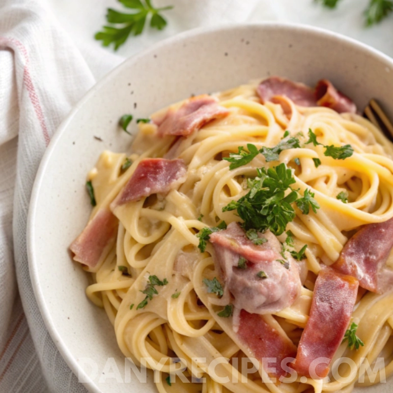 prosciutto-pasta2 Creamy linguine pasta with sliced prosciutto and parsley garnish in a speckled ceramic bowl.