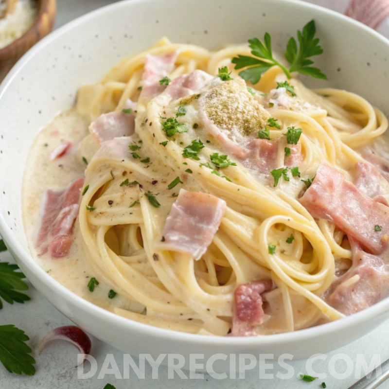 prosciutto-pasta3 Creamy linguine pasta with prosciutto slices, grated cheese, and parsley garnish in a white bowl.