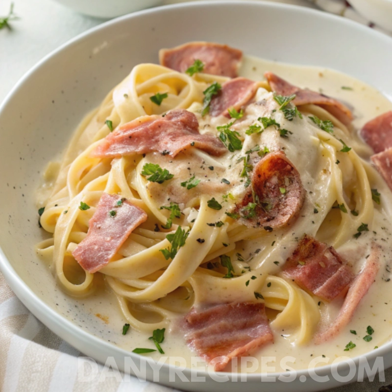 prosciutto-pasta4 Fettuccine pasta in creamy sauce with sliced prosciutto and chopped parsley in a white bowl.