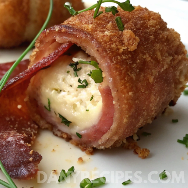 prosciutto-wrapped-boursin-cheese-recipe (1) Crispy prosciutto-wrapped Boursin cheese roll garnished with fresh herbs on a white plate.