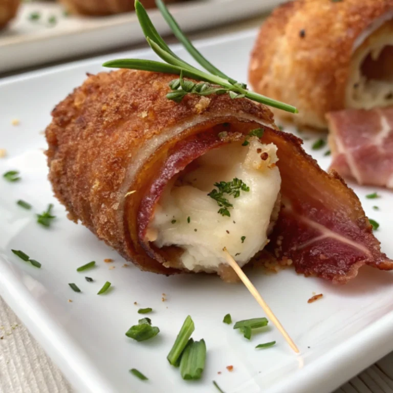Fried prosciutto-wrapped cheese roll with toothpick, garnished with rosemary and herbs.