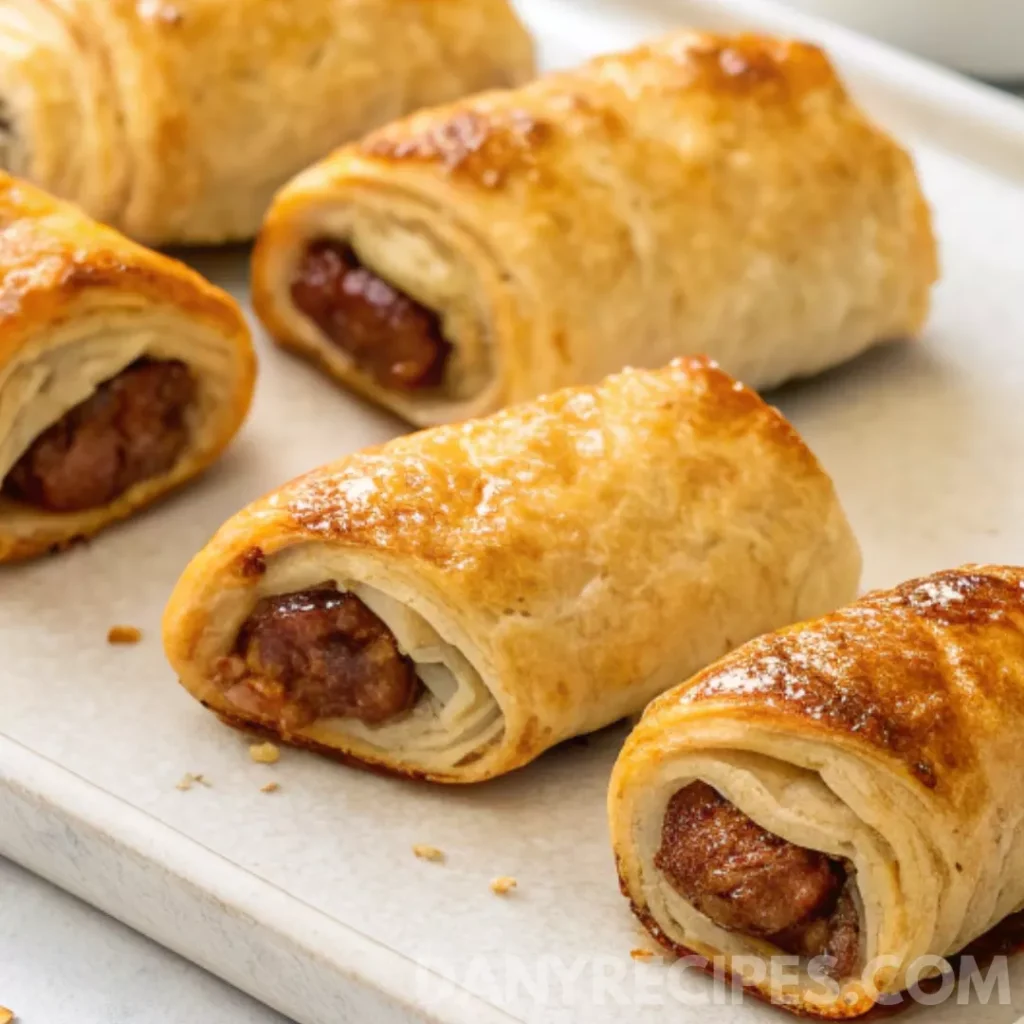 Close-up of golden puff pastry appetizers filled with sausage on a white tray.
