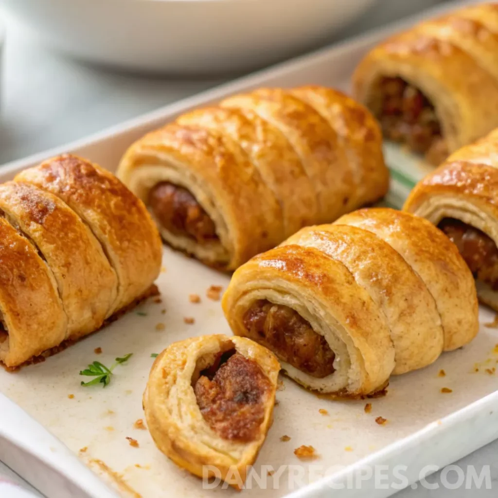 Golden puff pastry sausage rolls with one sliced open to reveal the filling.