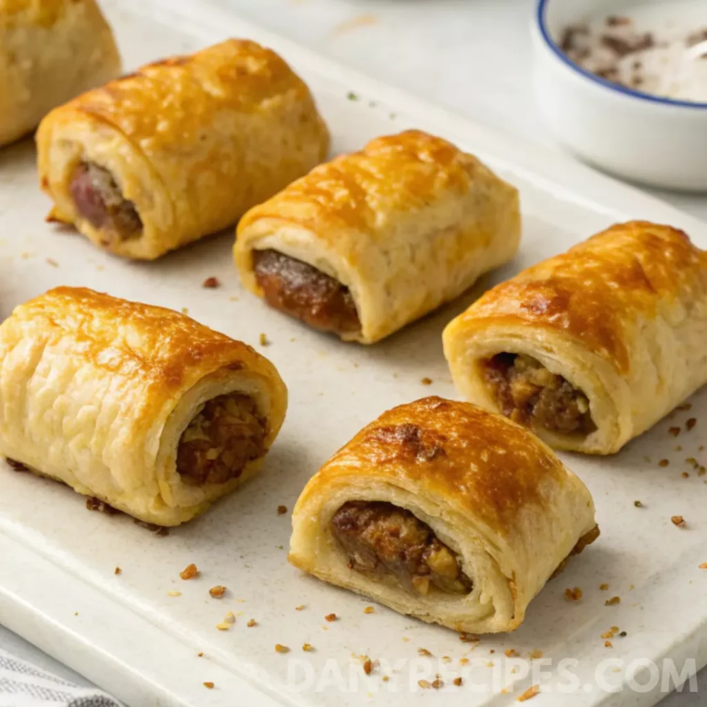 Several baked puff pastry sausage rolls displayed on a white tray.
