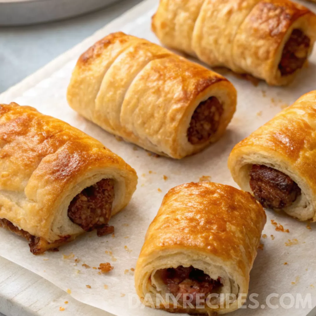 Puff pastry appetizers filled with sausage on a parchment-lined tray.