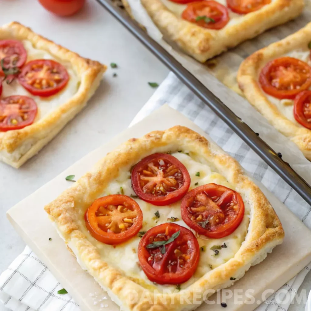 Golden puff pastry tartlets topped with fresh tomato slices and herbs.