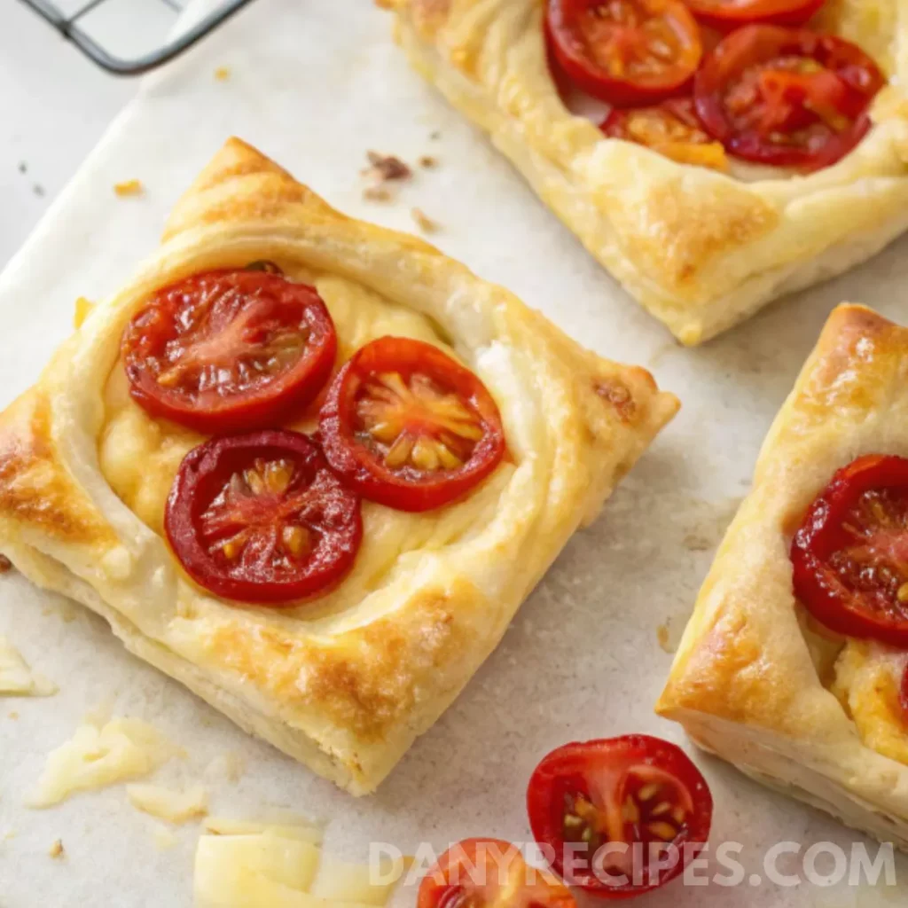 Close-up of baked tomato tartlets on puff pastry squares with melted cheese.