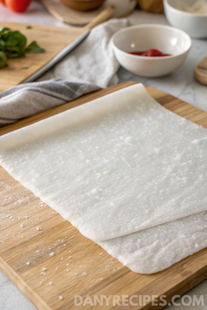 Rice Paper Mozzarella Sticks Recipe 12 Dry rice paper sheets softening on a wooden board, ready to be rolled.
