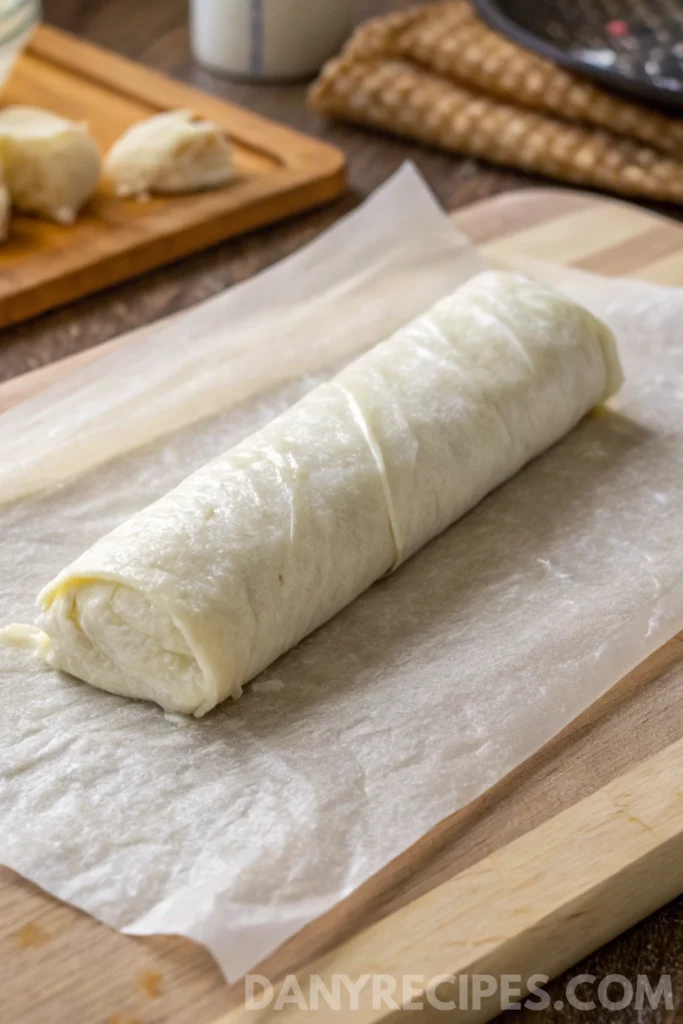 Rice Paper Mozzarella Sticks Recipe 13 Softened rice paper tightly wrapped around a stick of cheese, ready for coating or frying.