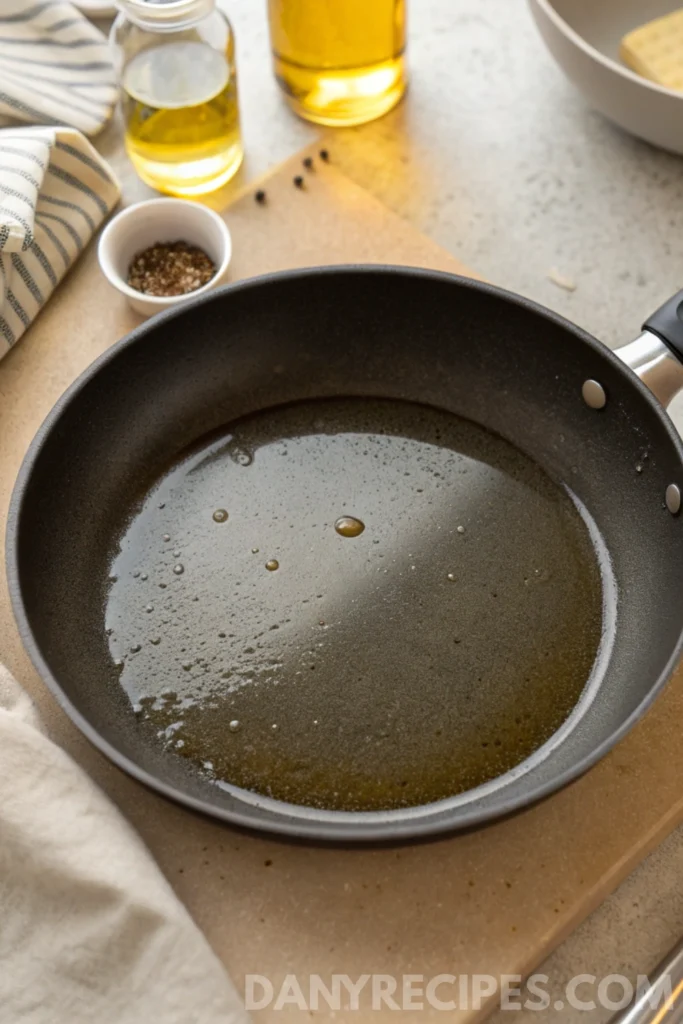 Rice Paper Mozzarella Sticks Recipe 14 Non-stick skillet filled with hot oil, ready for frying, surrounded by bottles and spices.