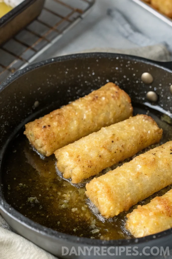 Rice Paper Mozzarella Sticks Recipe 15 Mozzarella sticks frying in hot oil inside a skillet until golden brown and crispy.