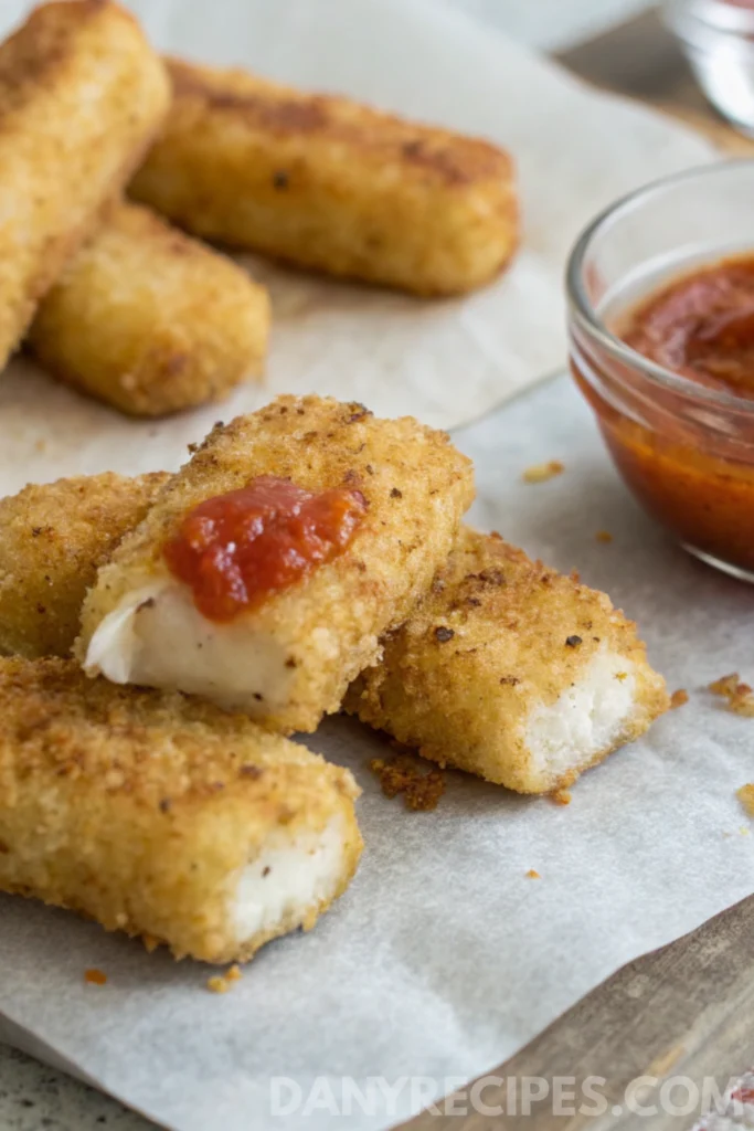 Rice Paper Mozzarella Sticks Recipe 16 Crispy mozzarella sticks served on parchment with marinara sauce on top and on the side.