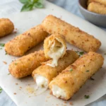 Rice Paper Mozzarella Sticks Recipe 10 Crispy golden rice paper mozzarella sticks with melted cheese oozing out, stacked on parchment paper.