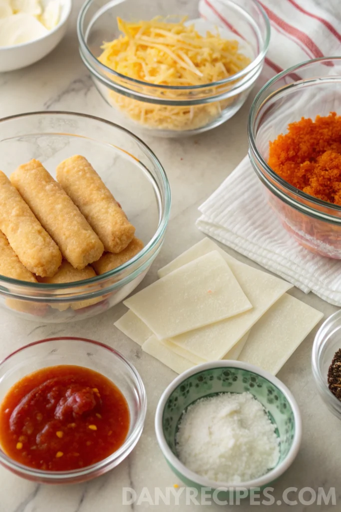 Rice Paper Mozzarella Sticks Recipe 11 Bowls of shredded cheese, dipping sauce, rice paper sheets, and frozen mozzarella sticks arranged on a kitchen counter.