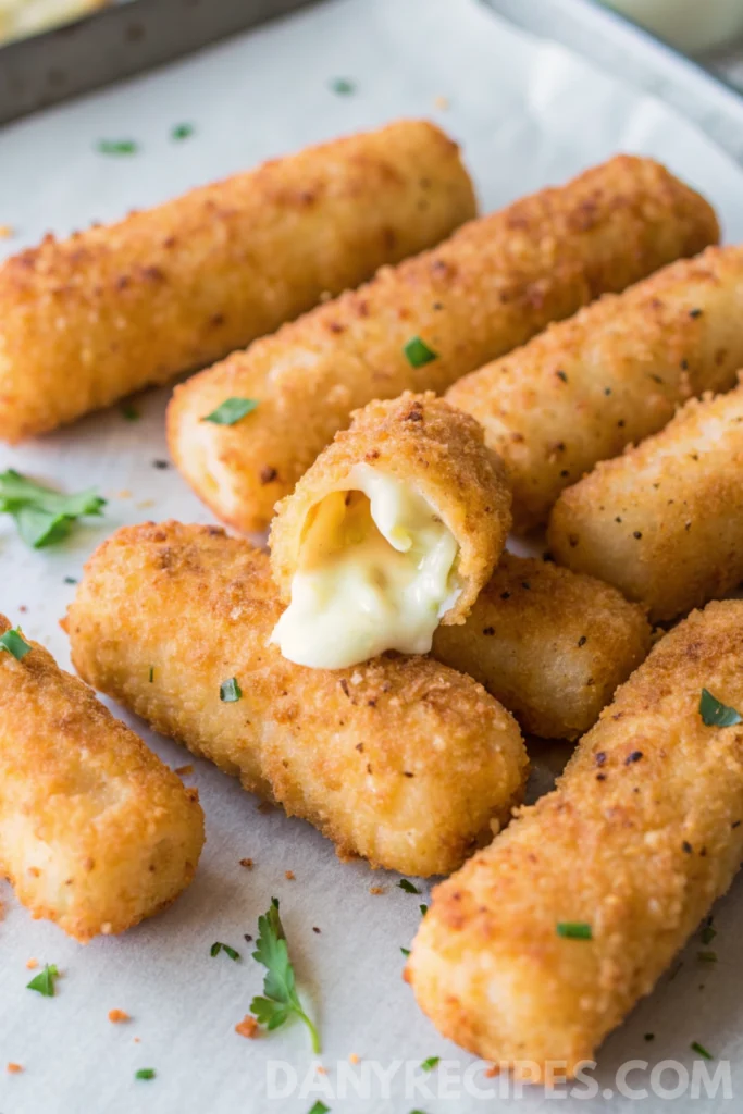 Rice Paper Mozzarella Sticks Recipe 9 Crispy golden mozzarella sticks made with rice paper, one pulled apart with gooey cheese oozing out.