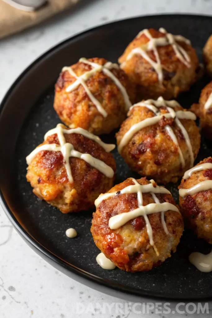 Best Sausage Cheese Balls Recipe 28 Sausage balls drizzled with cheese sauce, served on a black plate.