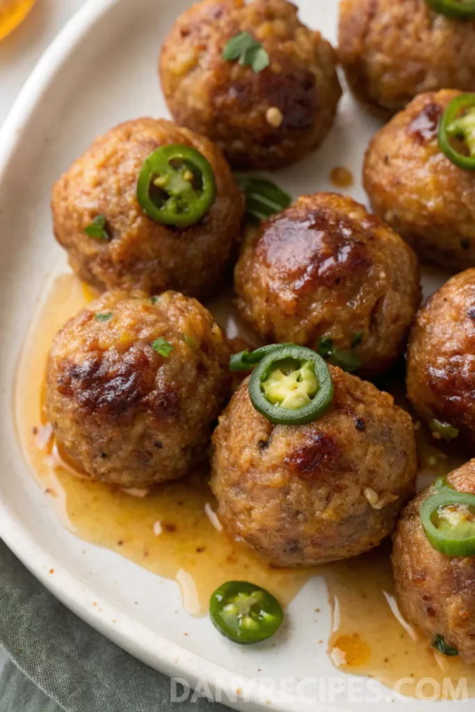Sausage balls topped with sliced jalapeños and served in a sweet and spicy glaze.