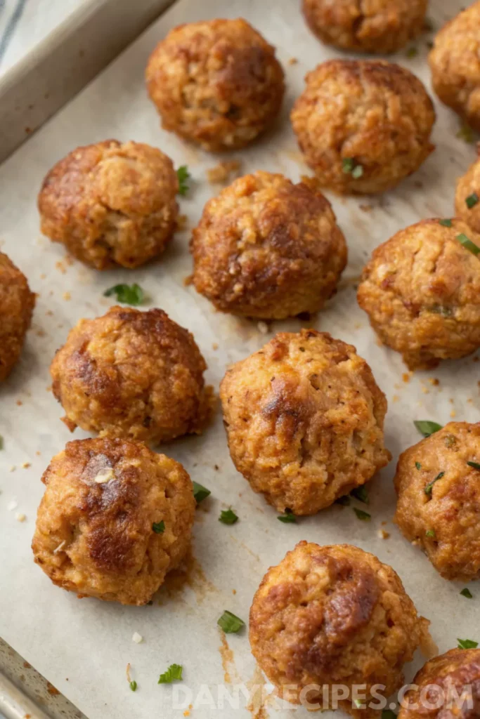 Homemade sausage balls without Bisquick on a parchment-lined baking tray.