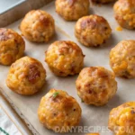 Best Sausage Cheese Balls Recipe 19 Golden brown sausage cheese balls on a baking sheet, fresh from the oven.