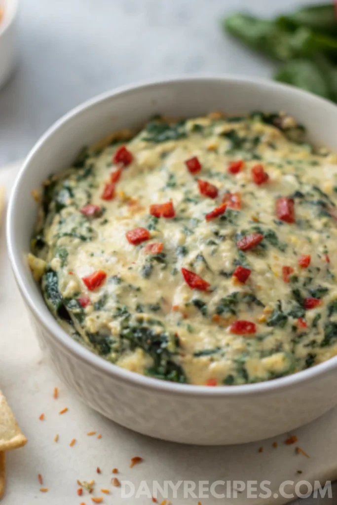 Best Spinach Artichoke Dip Recipe 8 Creamy spinach artichoke dip topped with red chili peppers served in a white bowl