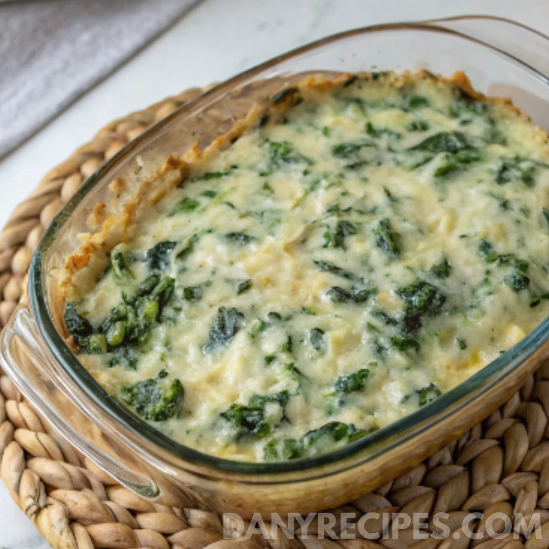 Creamy baked spinach artichoke dip in a glass dish on a woven placemat
