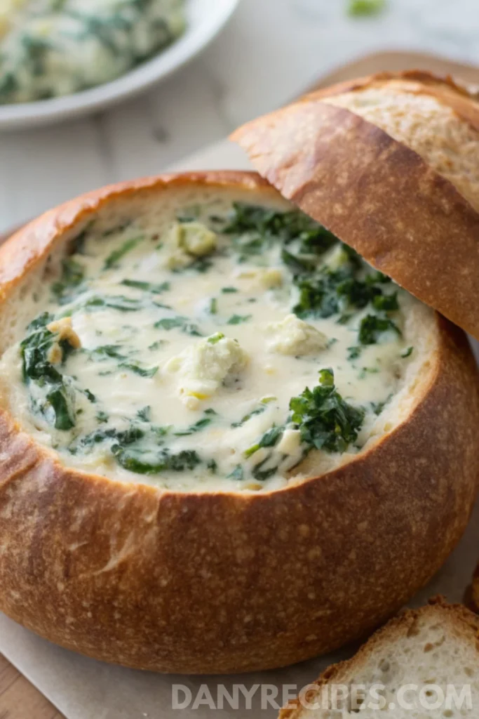 Hot spinach artichoke dip served inside a crusty bread bowl with the lid resting beside it.