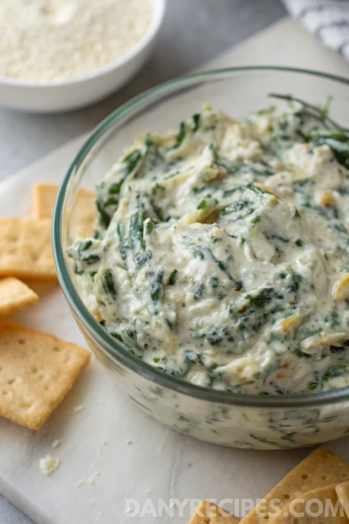 A glass bowl of cold spinach artichoke dip with crackers on the side.