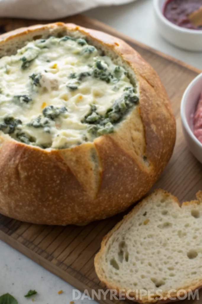 Best Spinach Artichoke Dip Recipe 10 Cheesy spinach artichoke dip served in a crusty bread bowl with a slice on the side