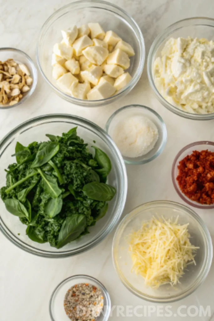 Best Spinach Artichoke Dip Recipe 2 Flat lay of ingredients for spinach artichoke dip including cheese, spinach, seasonings, and sun-dried tomatoes