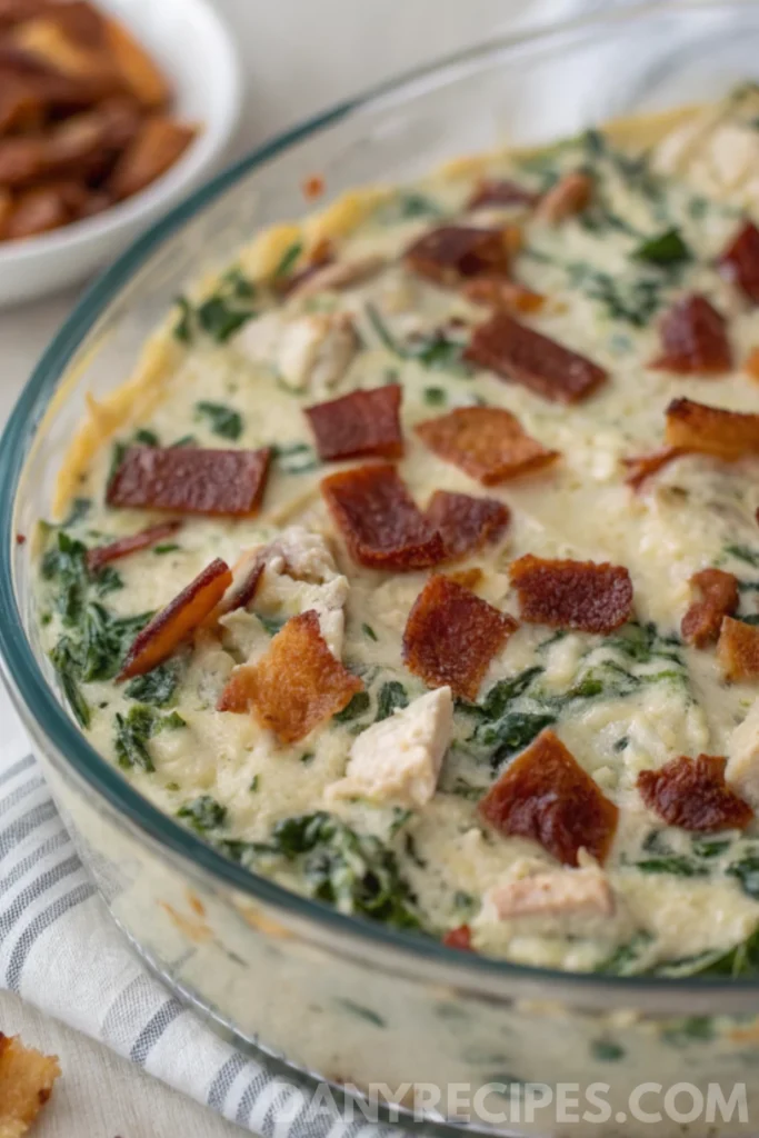 Spinach artichoke dip topped with chunks of beef and crispy bacon in a glass baking dish.