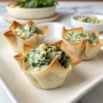 Spinach-Artichoke Dip Wonton Cups 13 Close-up of spinach-artichoke dip wonton cups with golden crispy edges on a white plate.