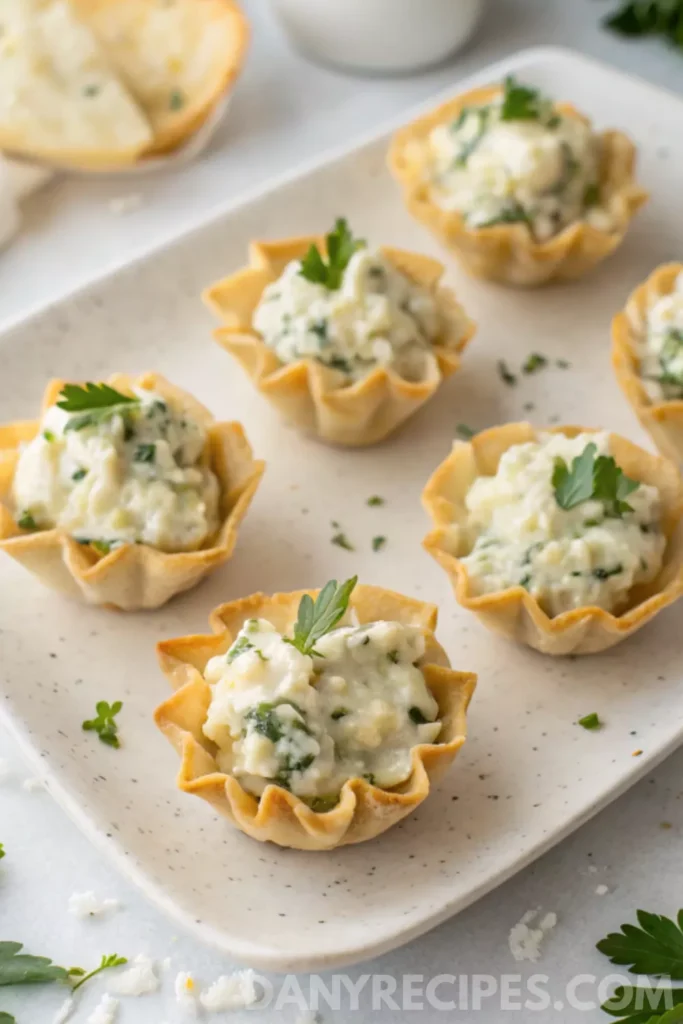 Spinach-Artichoke Dip Wonton Cups 20 Spinach-Artichoke Dip Wonton Cups made with reduced-fat cream cheese, served with parsley garnish.