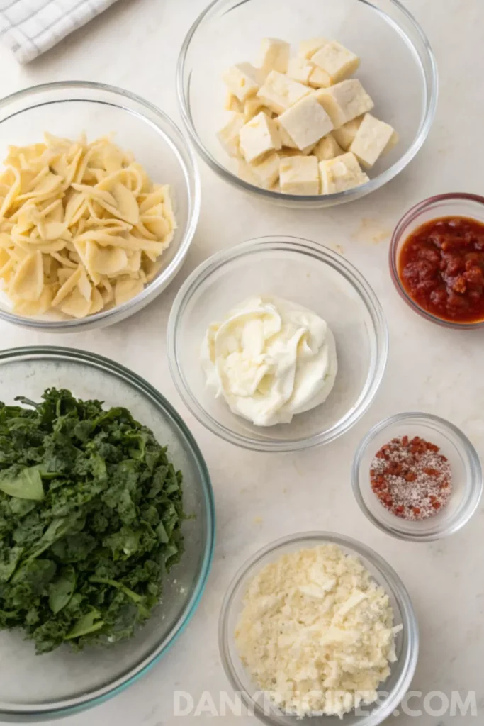 Spinach-Artichoke Dip Wonton Cups 14 Ingredients for Spinach-Artichoke Dip Wonton Cups arranged in clear glass bowls on a white surface.