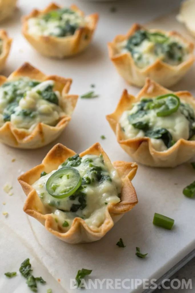 Spinach-Artichoke Dip Wonton Cups 21 Spinach-Artichoke Dip Wonton Cups topped with fresh diced jalapeños for a spicy twist.