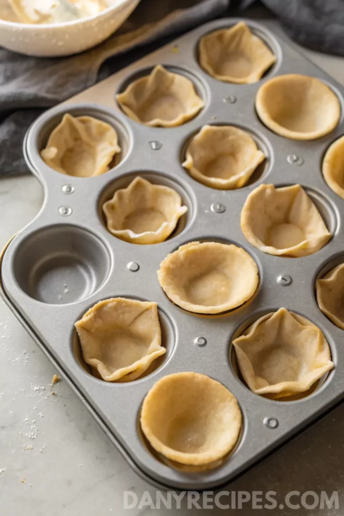 Spinach-Artichoke Dip Wonton Cups 15 Muffin tin filled with empty shells for making Spinach-Artichoke Dip Wonton Cups.