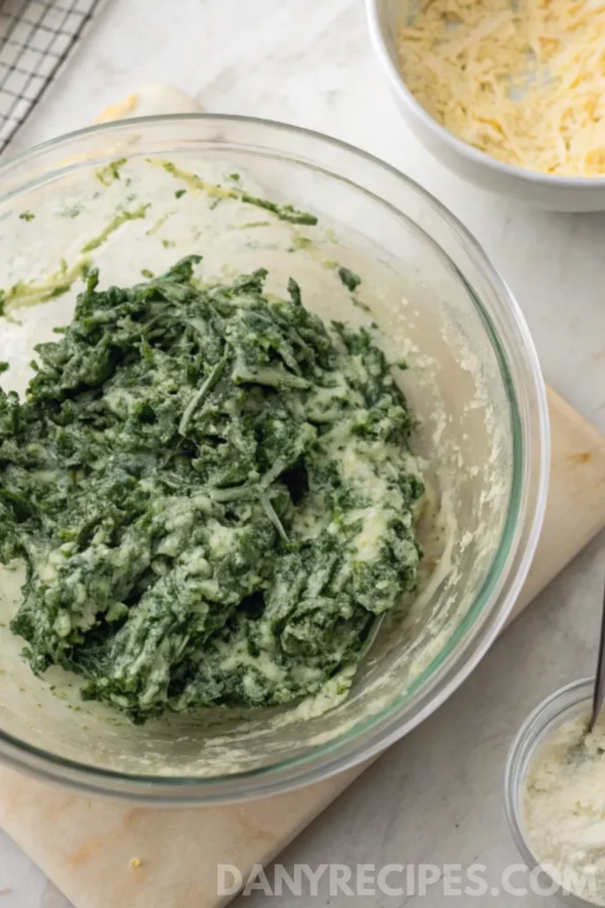 Spinach-Artichoke Dip Wonton Cups 16 Mixing bowl with creamy spinach-artichoke filling for Spinach-Artichoke Dip Wonton Cups.