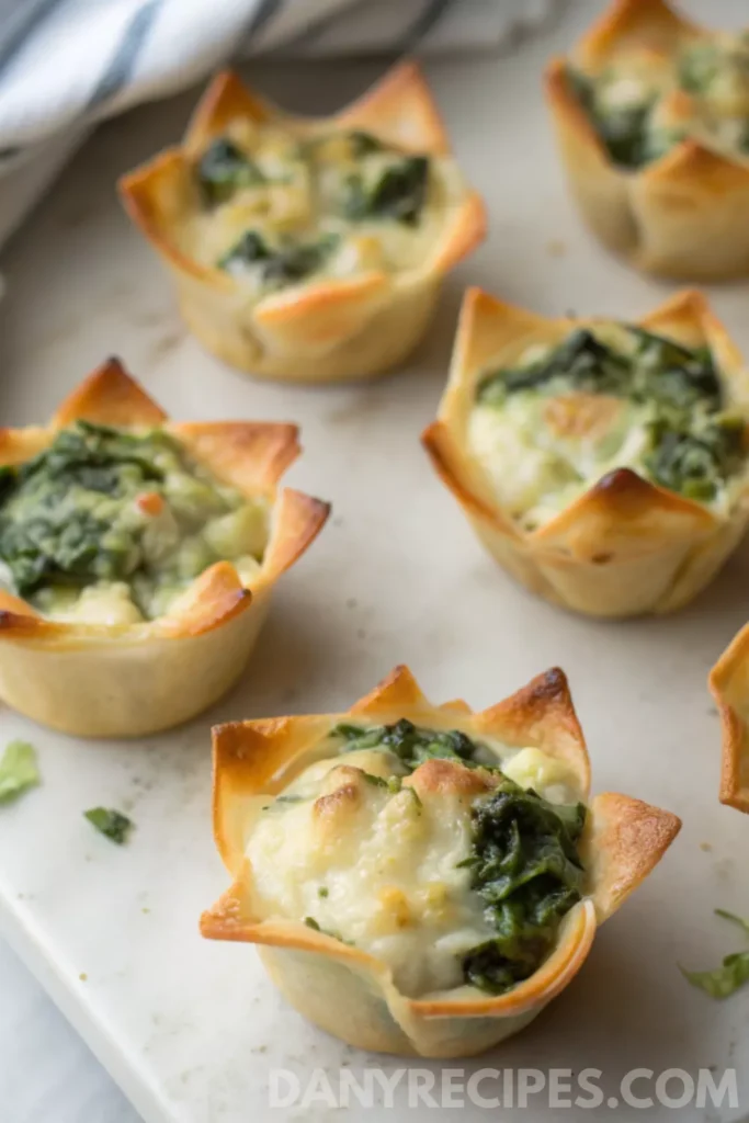 Spinach-Artichoke Dip Wonton Cups 18 Freshly baked Spinach-Artichoke Dip Wonton Cups with golden crispy edges on a white tray.