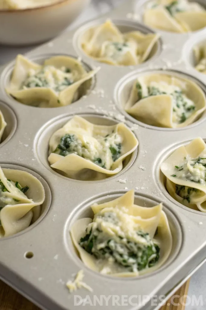 Spinach-Artichoke Dip Wonton Cups 17 Muffin tin filled with spinach-artichoke mixture for Spinach-Artichoke Dip Wonton Cups.