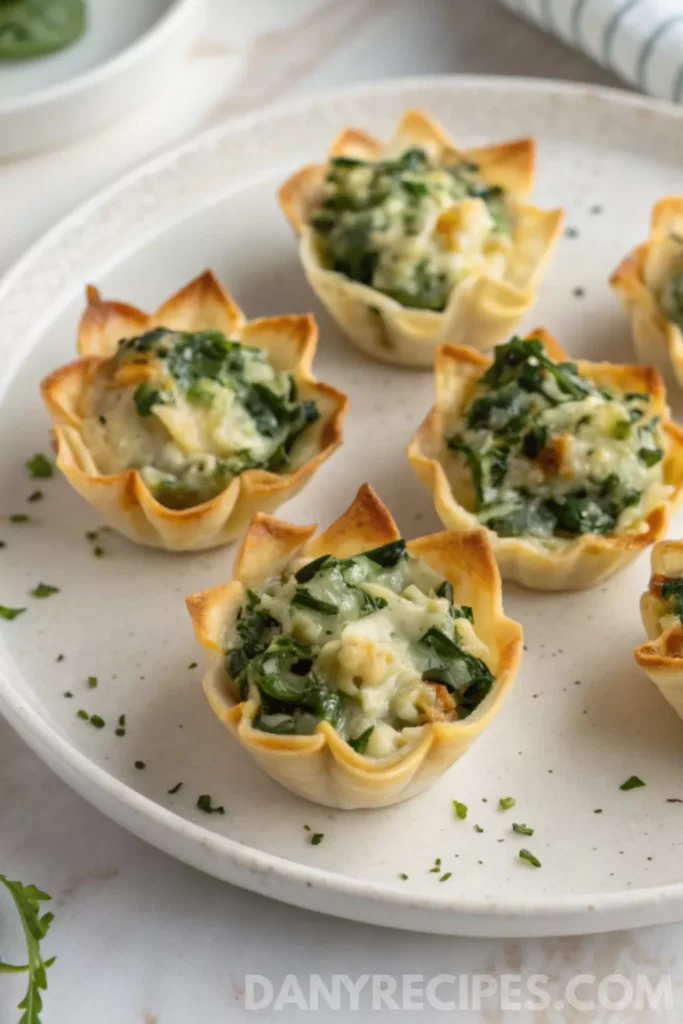 Spinach-Artichoke Dip Wonton Cups 19 Spinach-Artichoke Dip Wonton Cups served on a white plate, garnished with fresh herbs.