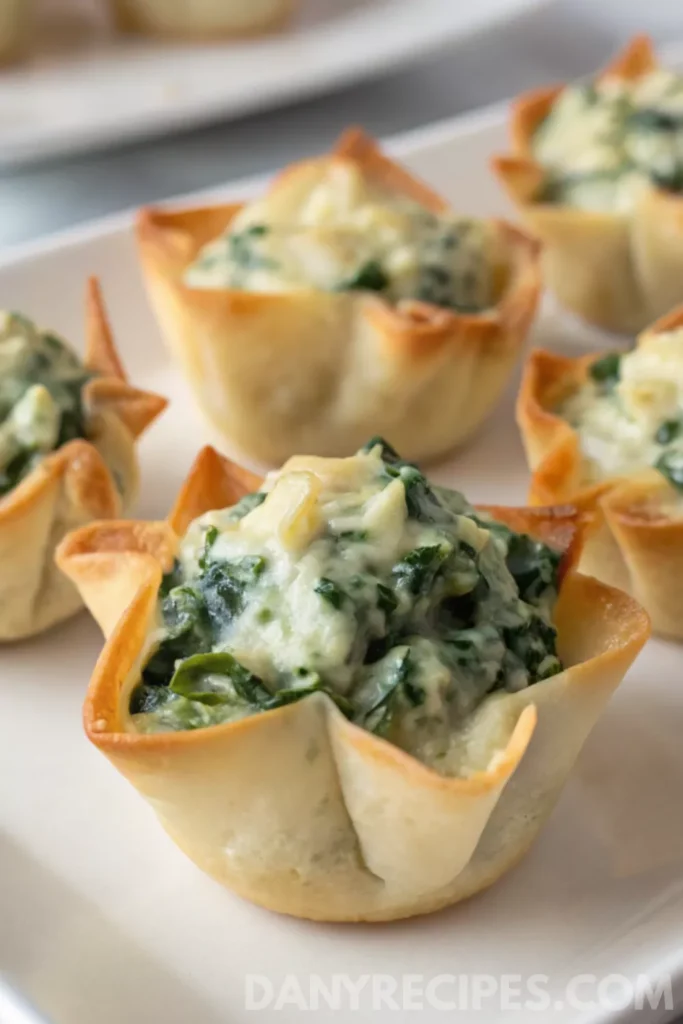 Spinach-Artichoke Dip Wonton Cups 12 Close-up of Spinach-Artichoke Dip Wonton Cups with golden edges and creamy filling on a white plate.