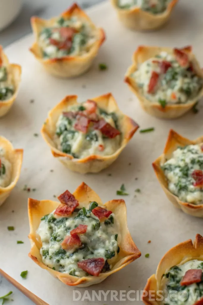 Spinach-Artichoke Dip Wonton Cups 22 Spinach-Artichoke Dip Wonton Cups topped with crispy cooked bacon pieces.